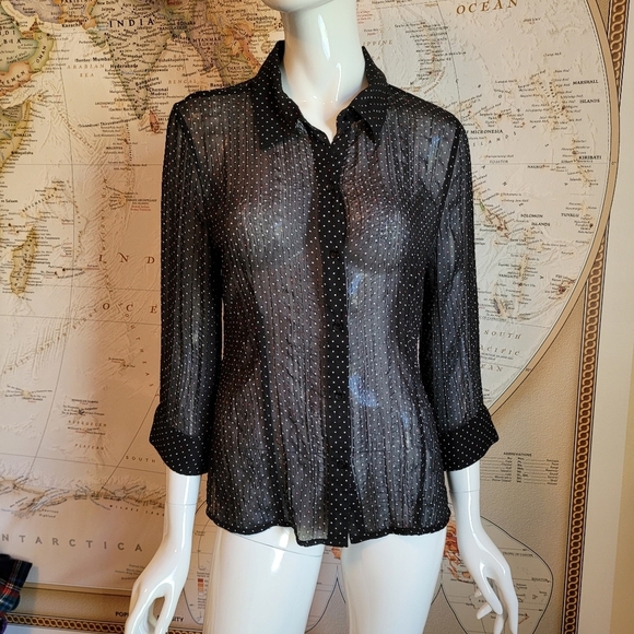Croft & Barrow sheer black 3/4 sleeve button up colored polka dots whimsigoth M - Picture 1 of 13